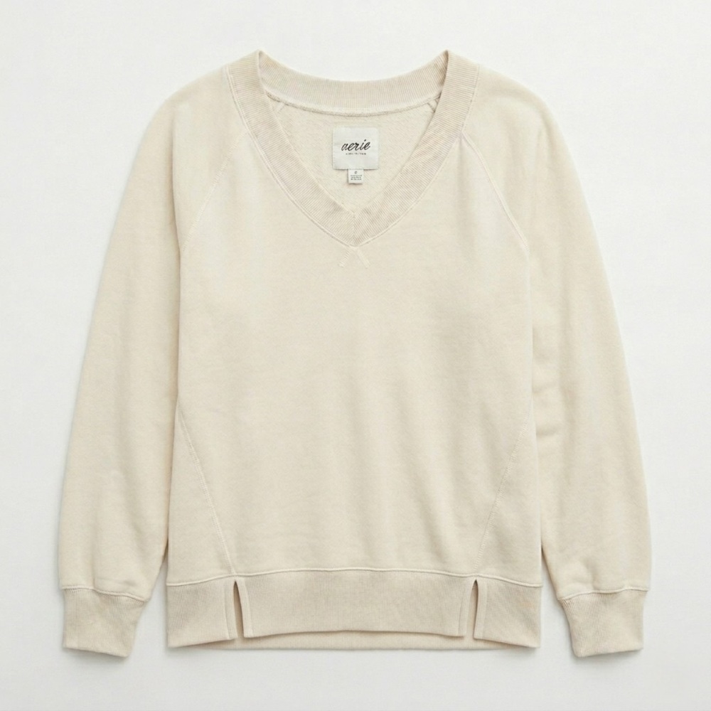 Aerie Oversized Off‎ Shoulder V-Neck Slit Hem Sweatshirt in Cream (Size S)